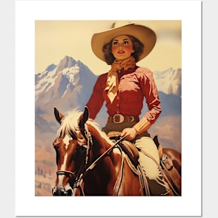 Elegance in Motion: Retro Vintage Cowgirl Horseback Design Posters and Art